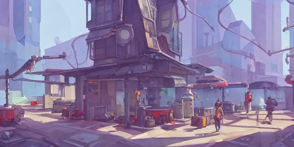 Image similar to overwatch building, stylized, exterior, architecture, in watercolor gouache detailed paintings, insanely detail, artstation, 8 k, futuristic, big medium small, arcane, simon stalenhag, food stall