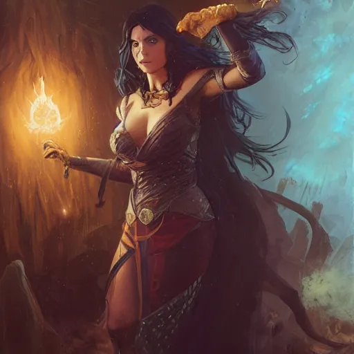 Image similar to a villainous, bewitching sorceress, auburn outfit, black hair, curvy crossfit build, fantasy character portrait by greg rutkowski, gaston bussiere, larry elmore