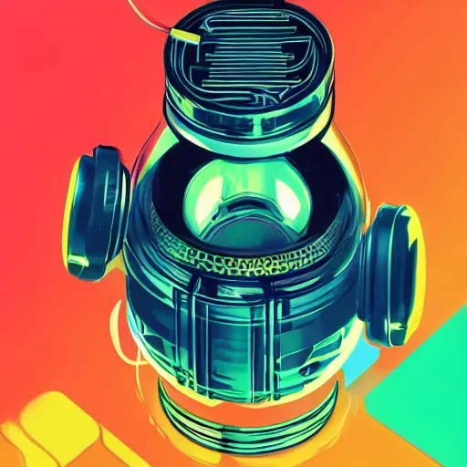 Image similar to headphones in a bottle, cyberpunk, Laurent Durieux style