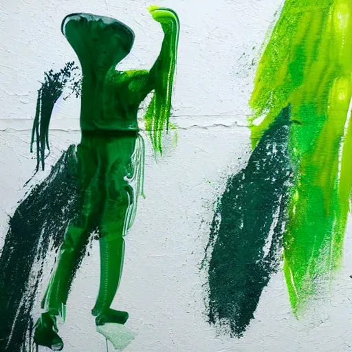 Image similar to dripping different shades of green paint across the abstract figure , heroic pose ,realistic , high detail, on a white background