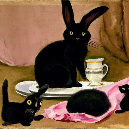 Image similar to a black cat having a picnic with a (bunny), the (bunny) has pink fur, the cat is drinking tea, highly detailed, painted by John Singer Sargent