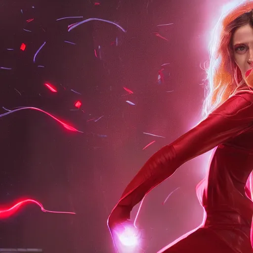 Image similar to movie still of scarlet witch creating a magical barrier made of red energy around herself, photorealistic art style, futurism aesthetic, artstation, cgsociety contest winner