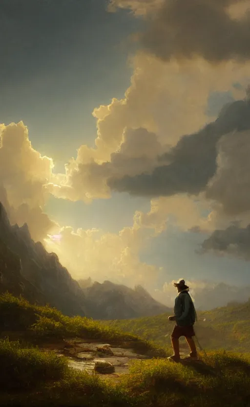 Image similar to a traveler wandering through the mountains looking at the clouds, very detailed, focused, oil painting, cinematic lighting, Albert Bierstadt, trending on Artstation