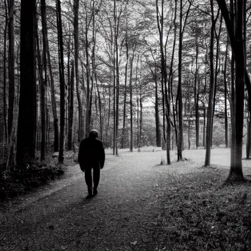 Image similar to old black man walking in woods at night, security camera footage, cctv, black and white,