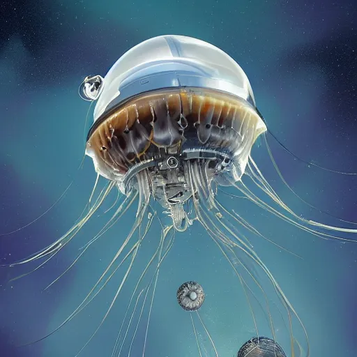 Prompt: design of a cute damaged mechanical jelly fish spaceship flying in hyperspace, beautiful clear detailed 8k digital art, by Amin Faramarzian Artstation