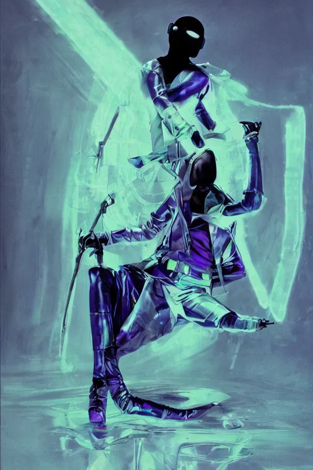 Image similar to concept art androgynous ninja in rocker tunic made of iridiscent fabric, radio goggles, iridiscent, cinematic lighting at night, iridiscent light, wet floors, neon, syd mead, tim walker, masterpiece, fashion design