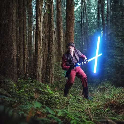 Image similar to Man wielding a light saber from Star Wars in real life in the forest, cutting down a tree using the light saber, 8k, cinematic, epic composition, award-winning