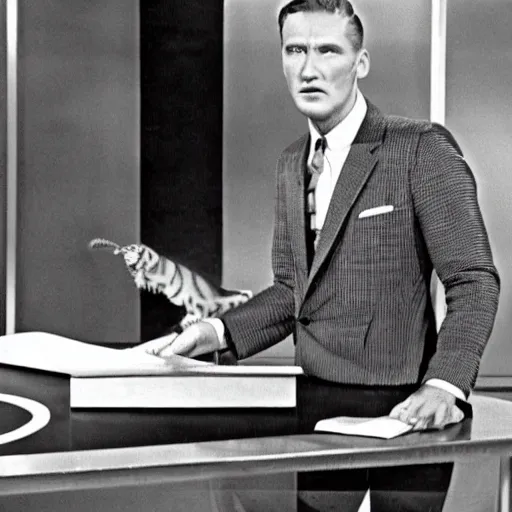 Prompt: 1 9 6 0's news show, a man in a vintage suit sitting behind a silver desk while being attacked by a giant man - eating tiger