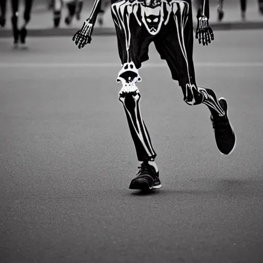 Prompt: A skeleton winning a marathon, award winning photograph