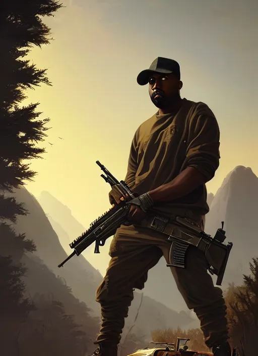 Image similar to highly detailed portrait kanye west holding rifle in gta v stephen bliss unreal engine fantasy art by greg rutkowski loish rhads ferdinand knab makoto shinkai lois van baarle ilya kuvshinov rossdraws tom bagshaw global illumination radiant light detailed intricate environment