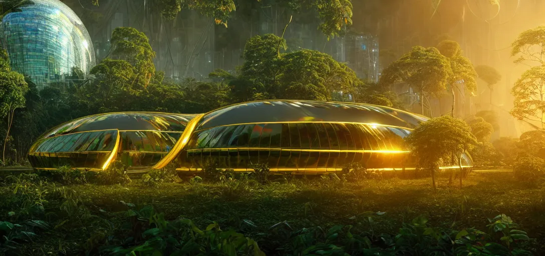 Image similar to futuristic shinny golden iridiscent mirror building in an jungle landscape of a biopunk city by taras shevchenko and wlop, movie poster, golden ratio, evening lighting, film still, realistic, octane render redshift arnold materials unreal engine, 8 k post production, hyper detailed