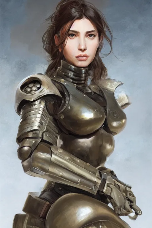 Image similar to a professionally painted portrait of an attractive young woman, clothed in military armor, olive skin, long dark hair, beautiful bone structure, symmetrical facial features, intricate, elegant, digital painting, trending on Artstation, concept art, smooth, sharp focus, illustration, from Metal Gear by Ruan Jia and Mandy Jurgens and Artgerm and William-Adolphe Bouguerea, award winning