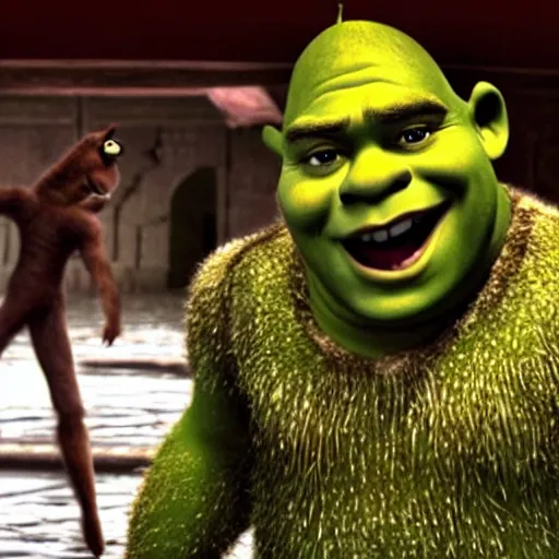 Prompt: still of shrek in the titanic movie