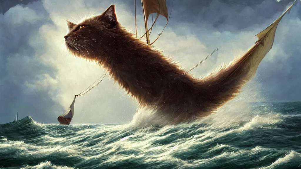 Image similar to a gigantic cat bursting out of a stormy sea attacking a small sail boat, wet fur, giant waves, sunbeams in background, intricate, detailed, volumetric lighting, sharp focus, scenery, photorealism, digital painting, highly detailed, concept art, by roger dean and simon stalenhag and mark brooks