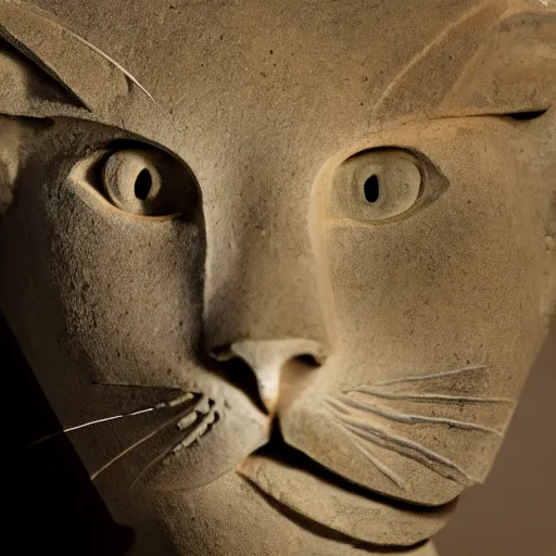 Image similar to close - up museum photo of an ancient limestone statue of a cat, egypt's, studio lighting, professional, promo,