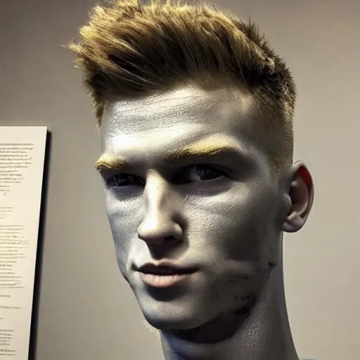 Image similar to “ a realistic detailed photo of a guy who is an attractive humanoid who is half robot and half humanoid, who is a male android, football player christian mccaffrey, shiny skin, posing like a statue, blank stare, at the museum, on display ”