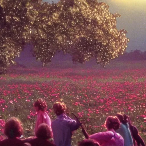 Image similar to 1 9 8 0 s movie ultra wide scene of a cult in a field of flowers, a scene from midsommar, old damage vhs, crt, bright lighting, 1 0 mm film, hyperrealistic, beautiful lighting