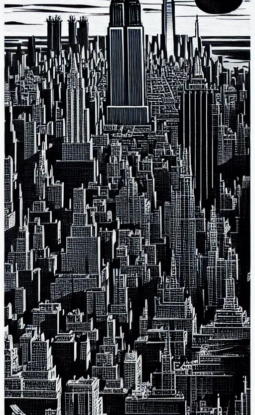 Prompt: king kong and empire state building, extremely detailed, bold line art, by vincent di fate and joe fenton, inking, etching, screen print, masterpiece, trending on artstation, sharp, high contrast, hyper realistic, hd, 4 k, 8 k