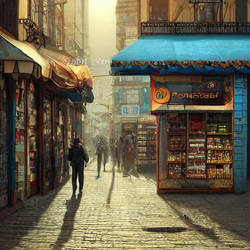 Prompt: A fantasycore photograph of a convenience store with photograph of 2099 portugal lisbon on the street of a very highly detailed eldritch city digital rational painting art by Greg Rutkowski, sci-fi highly detailed, a 12x(very) much detailed Dimensional cyan gold natural light, sharp focus, a 12x(very) much detailed by Eta Cru and James Gurney and Donato Giancola, composition by alphonse mucha