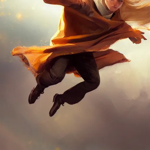 Image similar to blonde boy wearing a brown cape and flying in t pose, closeup, powerful, space background, oil painting, brush strokes, greg rutkowski