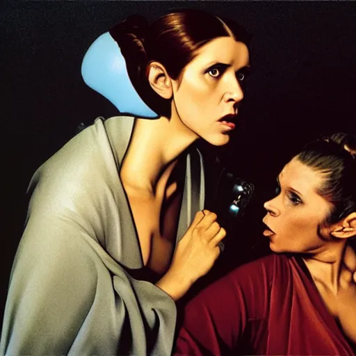 Image similar to a film still of princess leia scared, artwork by caravaggio