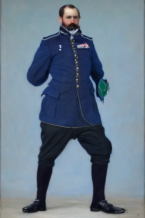 Image similar to full body portrait of the dictator of the minnesota timberwolves, 1 8 8 9, in full military garb, midnight blue, lake blue, moonlight grey and aurora green, oil on canvas by william sidney mount, trending on artstation