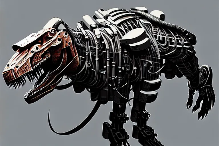 Image similar to trex in a cyborg mech suit, by alexandre ferra, zezhou chen, peter gric, mohamed reda and hr giger, hyper detailed, screen print, character concept art, hyperrealism, coherent, cgsociety, zbrush central, behance hd, hypermaximalist