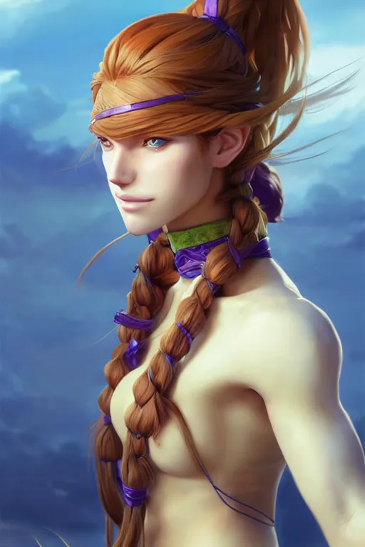 Image similar to long ginger hair, tanned woman in a prehistoric outfit, green eyes, by artgerm, hair tied in a ponytail, white backdrop, soft lighting, blue and purple colors, by greg rutkowski makoto shinkai takashi takeuchi