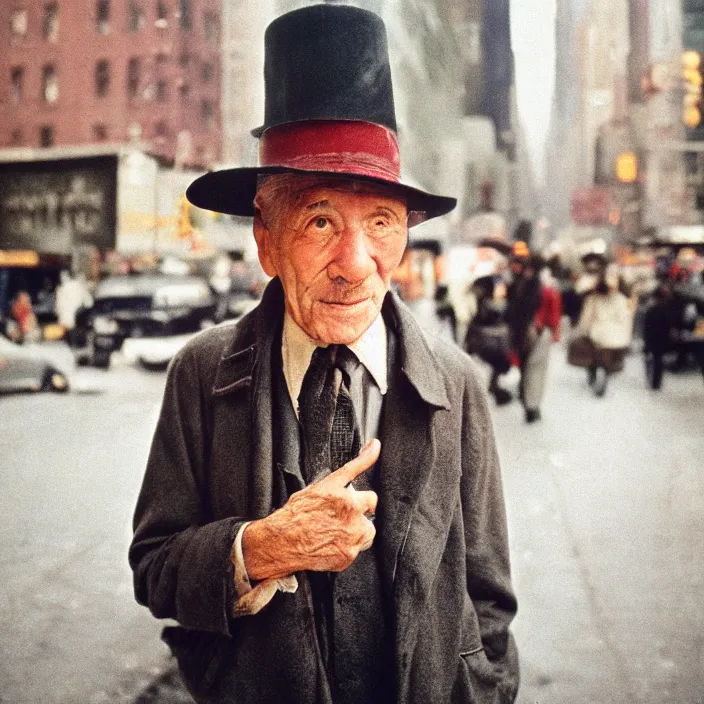 Prompt: medium format film candid portrait of a man with a hat in new york by street photographer from the 1 9 6 0 s, hasselblad film man portrait featured on unsplash, hard light damaged colour film,