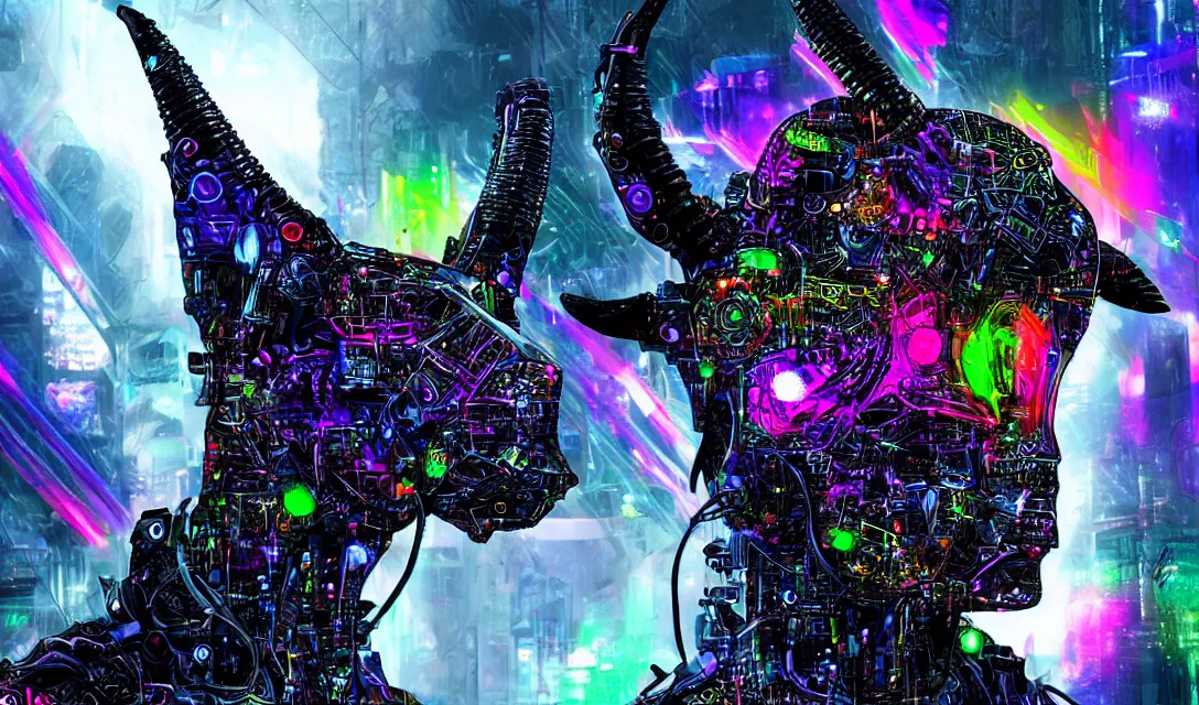 Image similar to complex cyberpunk machine background merged with one evil cybernetic goat head in center focus, multicolored digital art