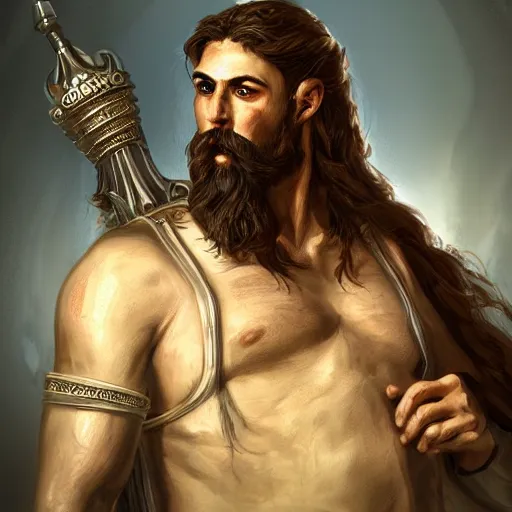 Image similar to Greek man, high resolution fantasy concept art, realistic, intricate details, soft lighting