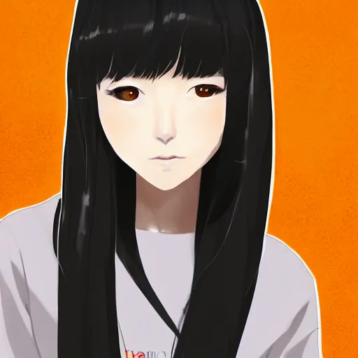 Image similar to portrait of a beautiful korean girl with very long hair and bangs, angular features, angry expression, wearing a black hoodie, in the style of A-1 studio, extremely clean lines, anime and manga style, anime concept art