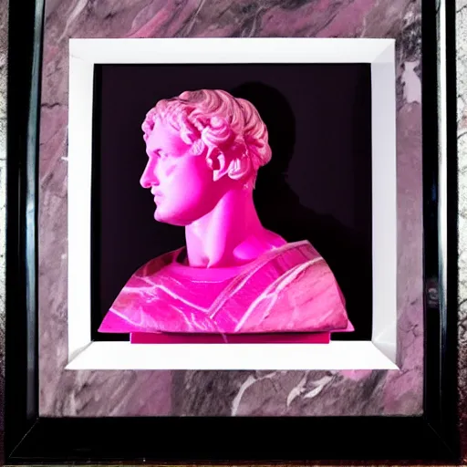 Image similar to a greco - roman marble bust sits on a pink and black checkerboard tile floor, a pink wall in the background with a framed photo of a cityscape at night
