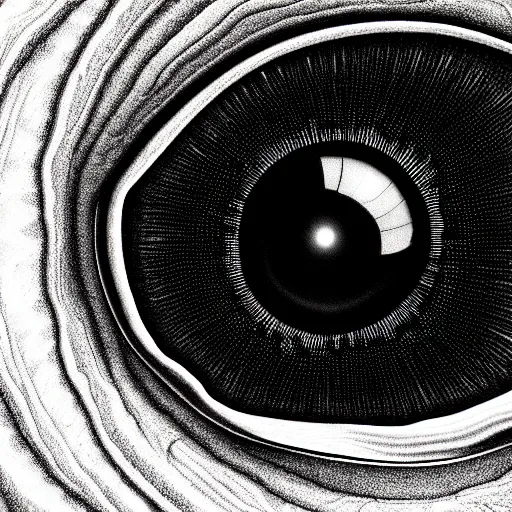 Image similar to a detailed extremely close up of inside the iris, cornea, red image, microscopic, extremely close up drawing by junji ito, cgsociety, generative art, lovecraftian, parallax, cosmic horror, extremely detailed, hyperrealism, unreal engine, octane render, award winning, masterpiece, highly detailed, realistic, 4 k, digital