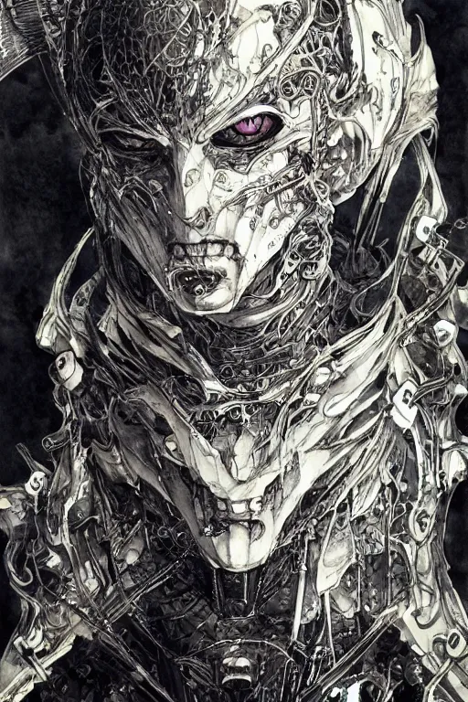 Prompt: vampire cyborg , pen and ink, intricate line drawings, by Yoshitaka Amano, Ruan Jia, Kentaro Miura, Artgerm, watercolor