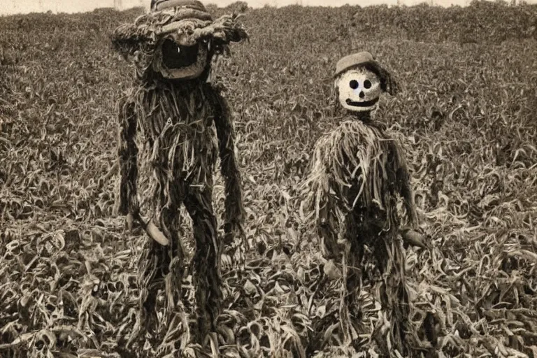 Image similar to disturbing scarecrow from the early 1 9 0 0's in a trancelike state in the burning cornfields