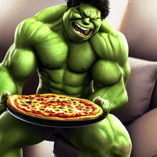 Image similar to A high definition and realistic photo of a smiling incredible hulk drinking a cup of coffee and eating pizza and croissant on a couch in his living room, hyperdetailed, artstation, digital art, photorealism, accurate, 8k,