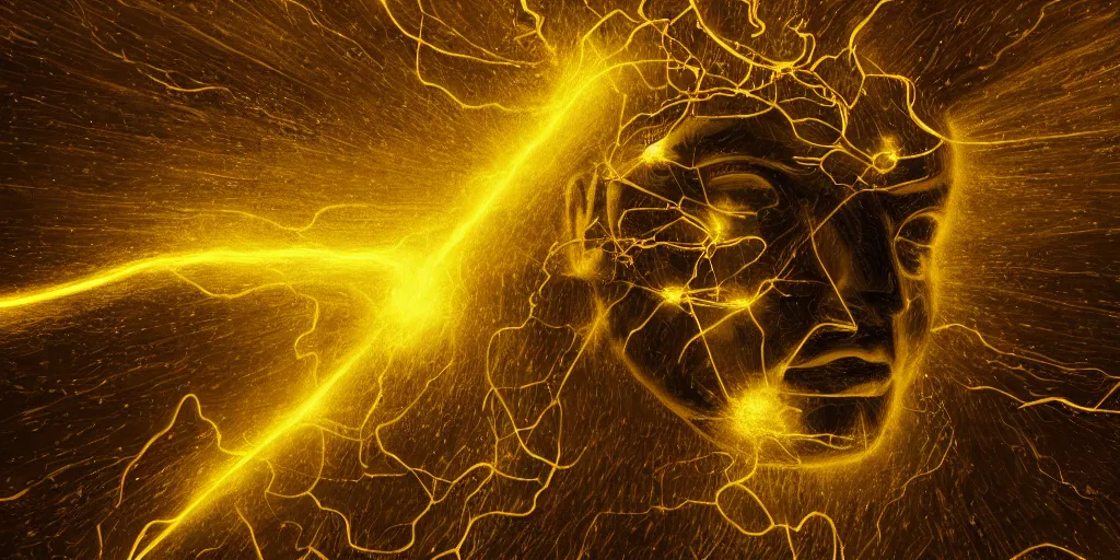 Prompt: greek god of artificial intelligence in the shape of yellow nebulous thunder creating the first artificial neural network with synapses on an anvil, high resolution, award winning art, trending on art station, sharp image, incredibly detailed,