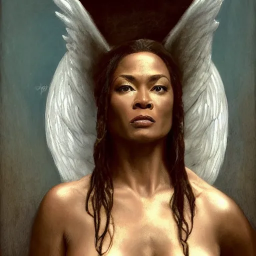 Prompt: angela basset as an angel standing in the front of gates of hell. angel is draped with bones. digital painting. art station. mood lighting. skindness, highly detailed, concept art, intricate, sharp focus, einar jonsson and bouguereau - h 1 2 0 0