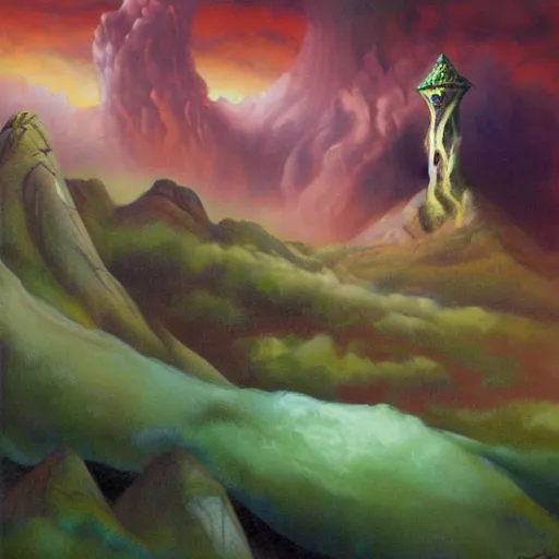 Prompt: an emerald wizard's tower in a barren valley, tempestuous skies, by julie bell