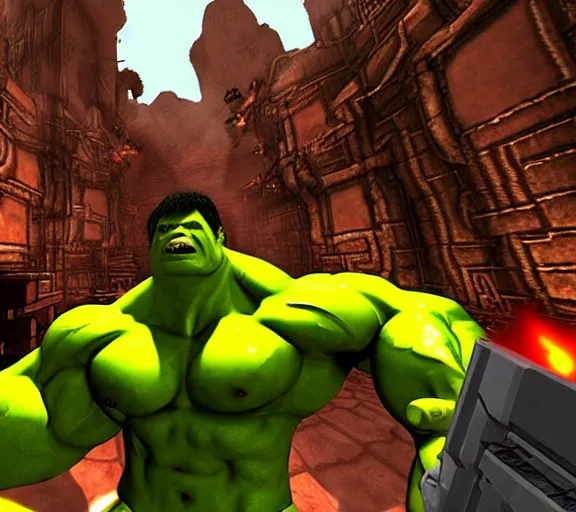 Image similar to hulk in the videogame doom, screenshot