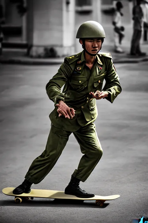 Prompt: vietnam soldier playin skateboard, photorealistic, smooth, 4 k, aesthetic lighting, baroque object, hyperdetailed, professional photography, pullitzer winning, photo by : canon eos 5 d mark iv, by karah mew and adnan abidi