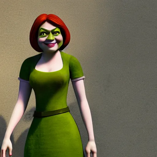 Image similar to Emma Stone as female Shrek, fully detailed, high quality , 4k , octane render