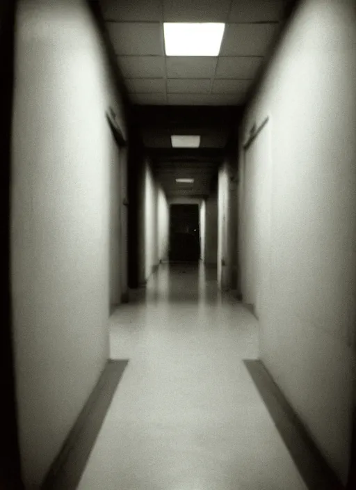 Prompt: hospital hallway with a devilish demon at the end, back rooms, liminal horror, uncanny valley, found footage horror movie, shot on expired kodak tri - x film, extremely unsettling