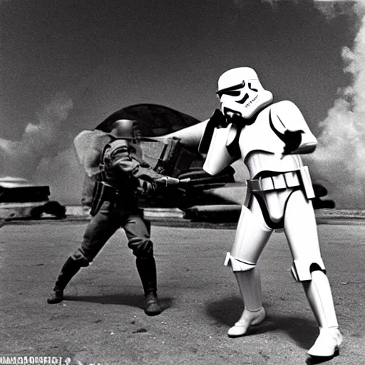 Image similar to stormtrooper fighting in ww2, star destroyer flying in the background