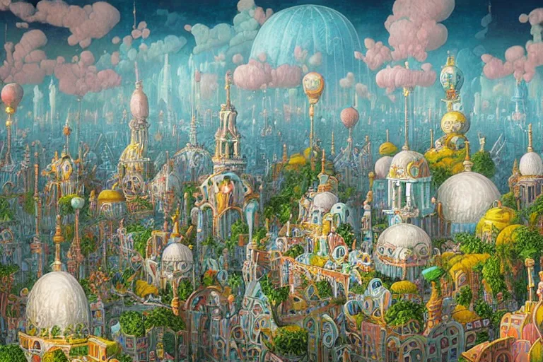 Prompt: Fantasy City built from White Domes by Michael Whelan and Benjamin Lacombe and Jacek Yerka super details, bright colors, ornate background
