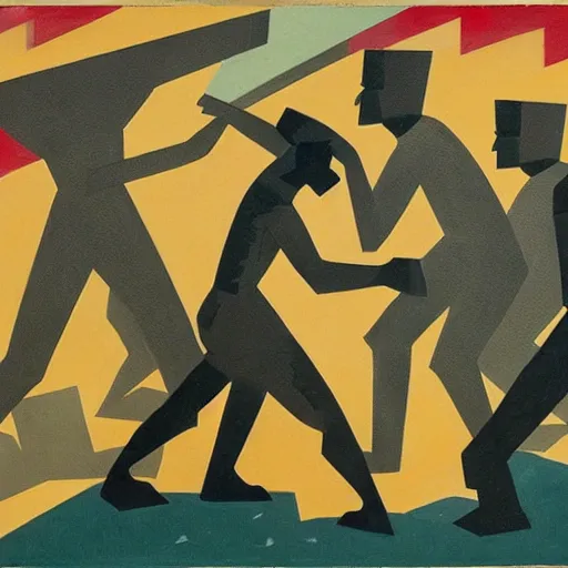 Image similar to oil on masonite painting by aaron douglas of men fighting in a cafeteria