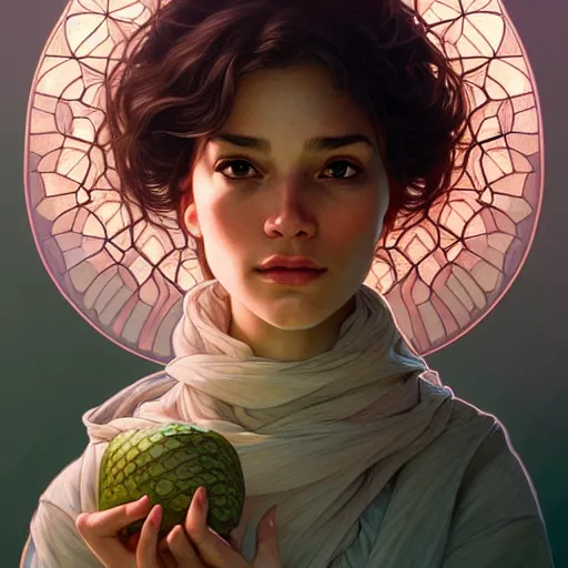 Image similar to Portrait of a girl with a melon, face, casual, intricate, elegant, highly detailed, digital painting, artstation, concept art, smooth, sharp focus, illustration, art by Sam Youn and Fernanda Suarez and Artem Demura and alphonse mucha