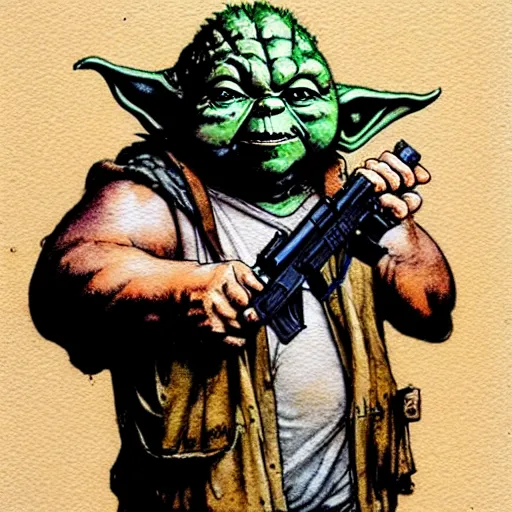 Prompt: a realistic and atmospheric watercolour fantasy character concept art portrait of a fat sleazy homeless chibi yoda wearing a wife beater and holding a glock, by rebecca guay, michael kaluta, charles vess and jean moebius giraud