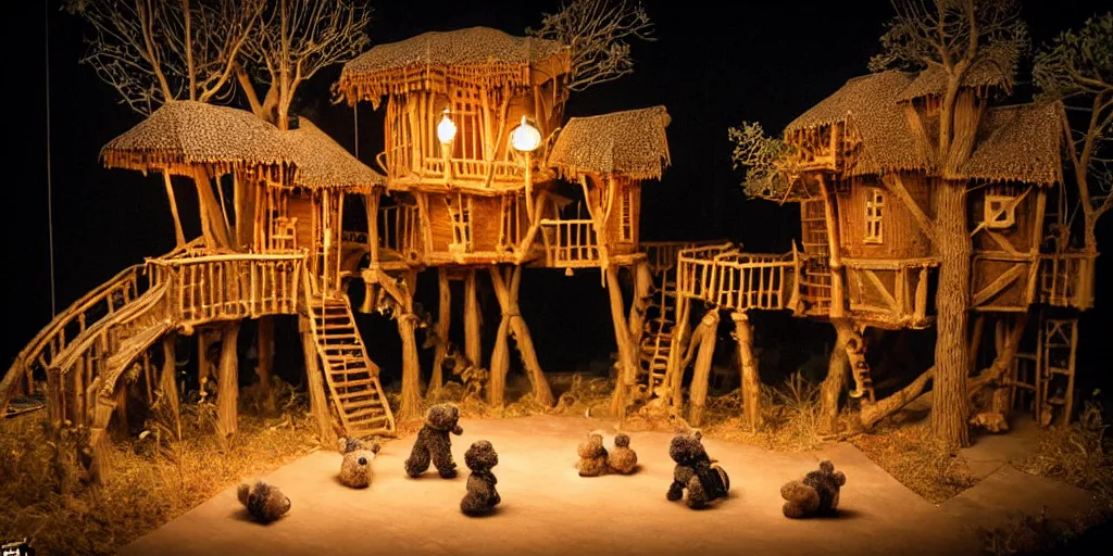 Image similar to intricate treehouse village, fuzzy warrior bears in handmade clothes, bones of the enemy in background, warm torchlight glow, wooden pathways with handrails,